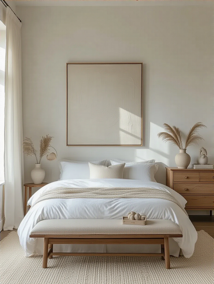 Serene white bedroom with curated artwork above bed and dresser vignette
