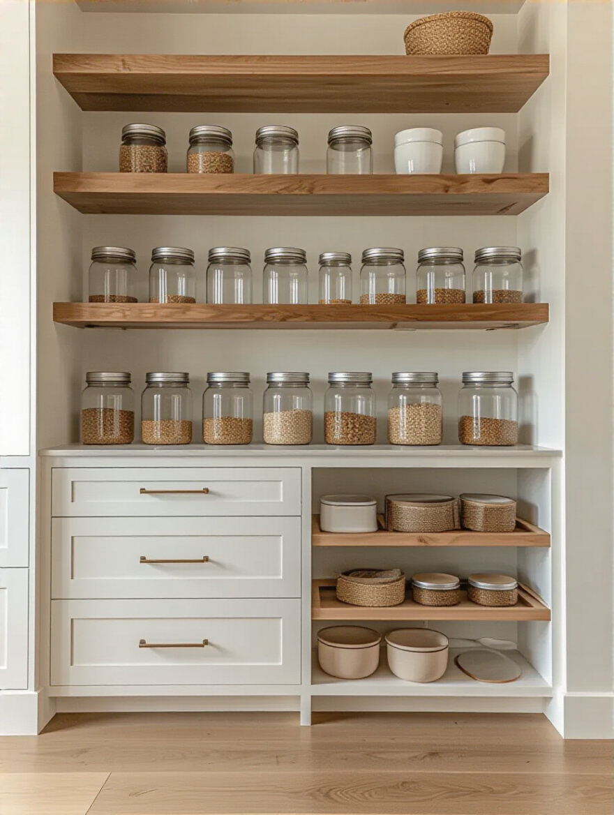 Portrait of a neatly organized pantry with uniform glass jars containing decanted staples on wooden shelves.