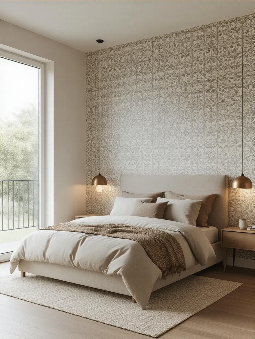 Portrait view of a modern bedroom with an accent wallpaper wall showing pattern scale and repeat