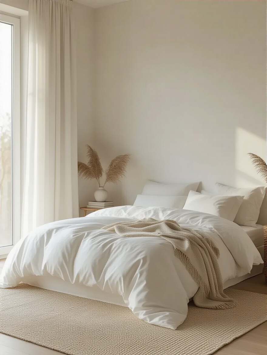 Serene white bedroom portrait with harmonious undertones