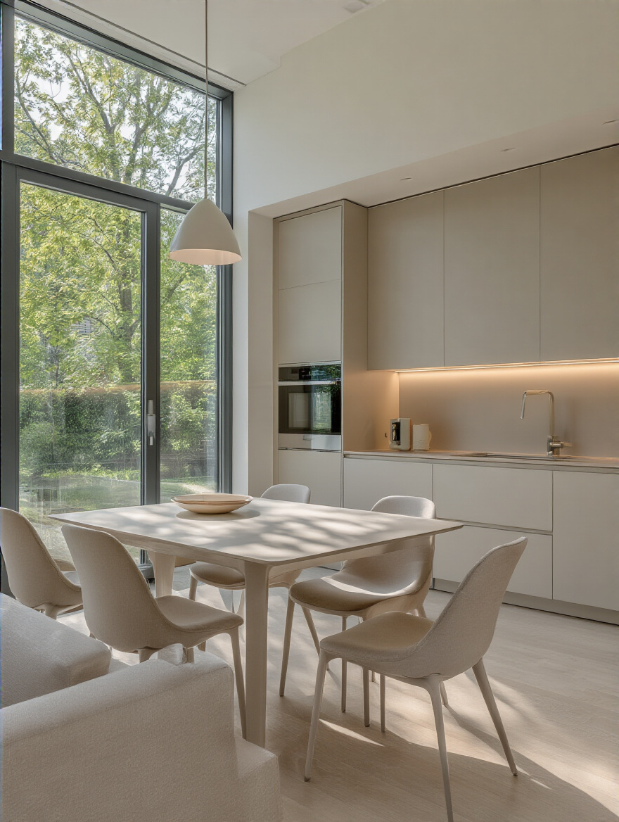 A minimalist dining room with sleek furniture and open space, reflecting ruthless decluttering and modern design.