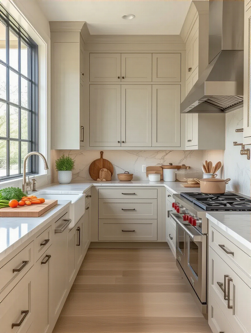 Modern kitchen interior showcasing distinct and organized kitchen zones for food preparation, cooking, and cleaning, with stylish cabinetry and clear countertops.