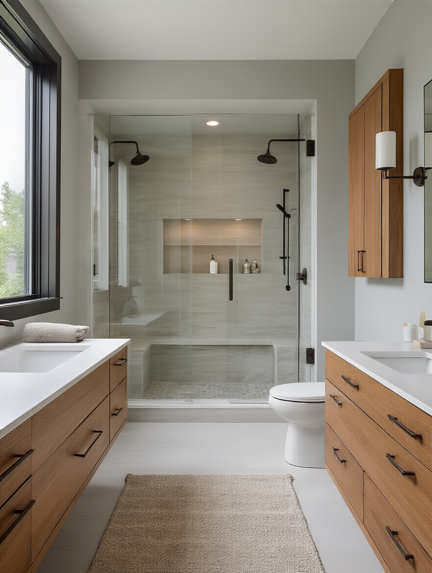 Portrait of a modern bathroom layout with defined functional zones and storage