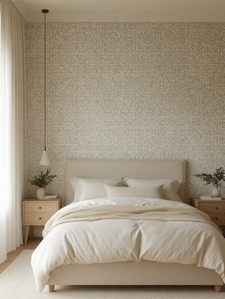 Portrait of a serene bedroom with wallpaper accent wall and cohesive color palette