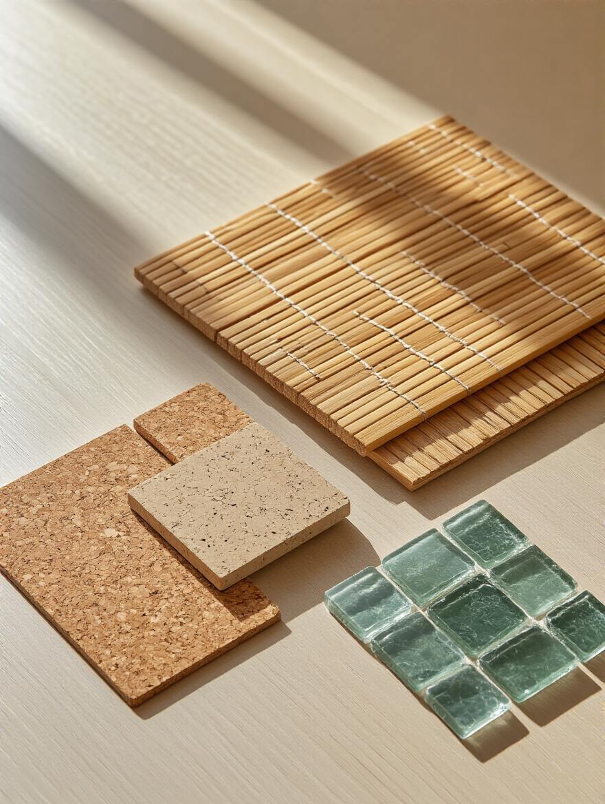 Arrangement of sustainable bathroom flooring material samples, including cork, bamboo, recycled glass, and linoleum, on a wooden table, representing budgeting and selection for eco-friendly renovations.