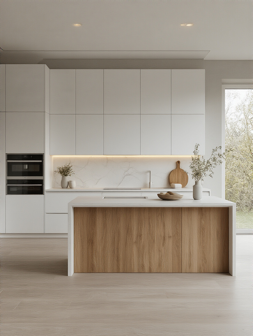 Portrait-oriented shot of a minimalist contemporary kitchen with neutral tones and hidden storage