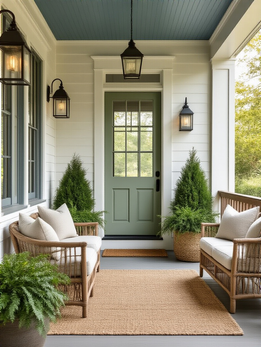 Portrait of a front porch styled with a cohesive theme and color palette