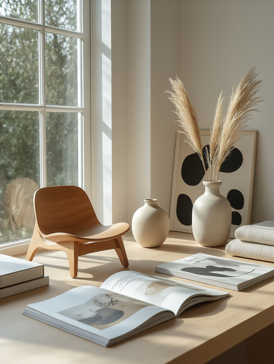 Stylishly arranged design elements representing Mid-Century Modern and Scandinavian aesthetics on a desk, inspiring the definition of a modern dining room style.