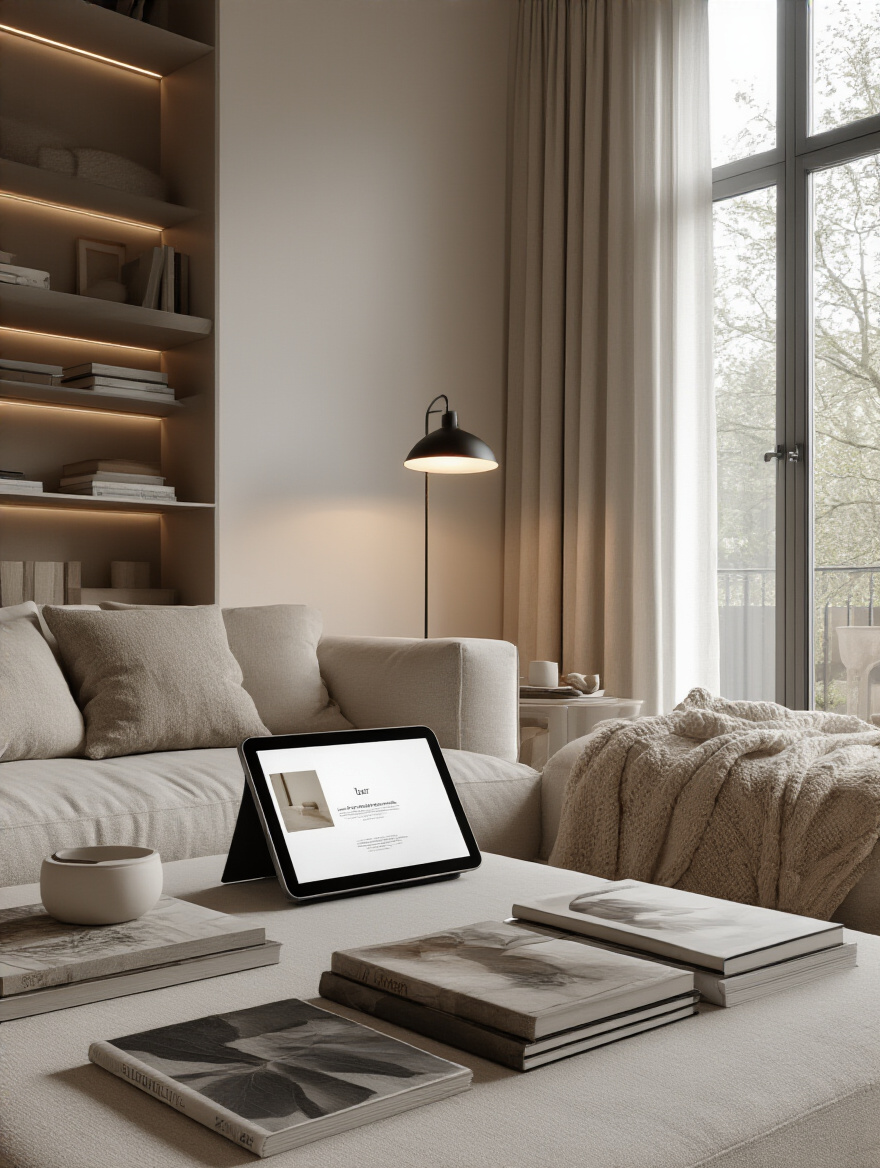 Living room inspiration with mood board elements and design samples, defining personal aesthetic and lifestyle needs