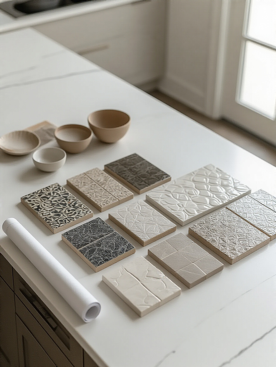 Overhead view of various kitchen backsplash tile samples neatly arranged on a modern countertop with a rolled design plan, symbolizing careful budget planning for materials and installation.