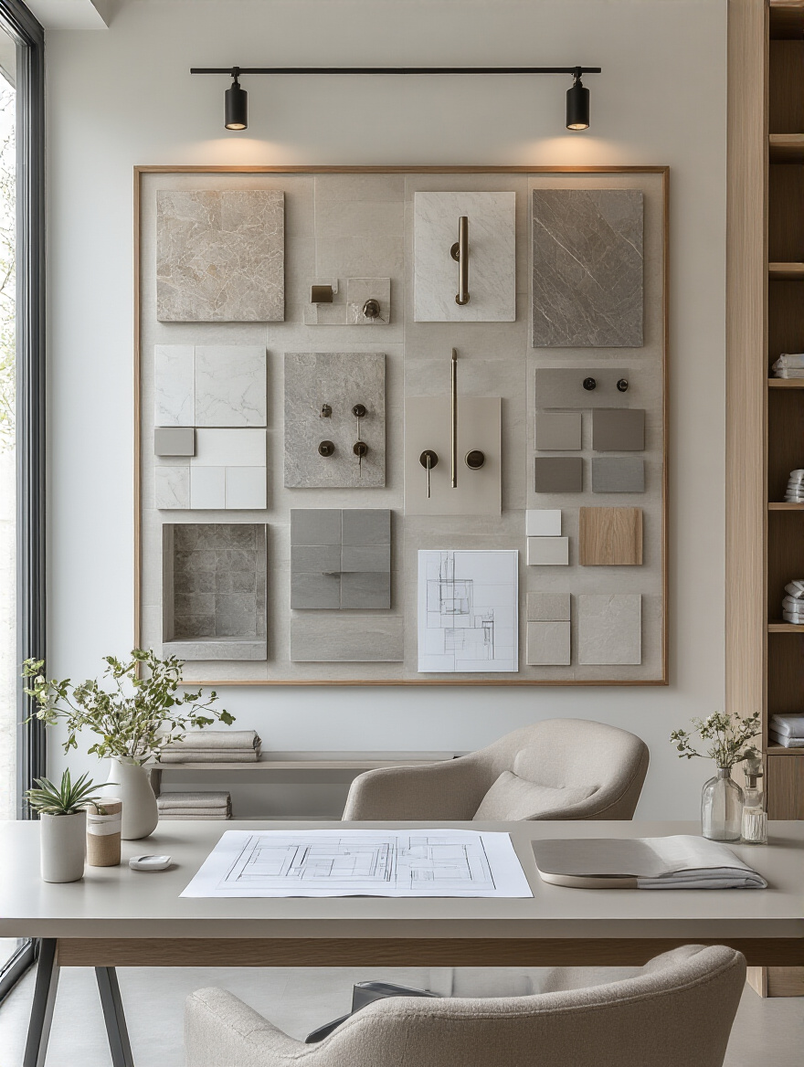Detailed bathroom renovation vision board with design elements, tile samples, color swatches, and architectural plans on a sleek desk, showing strategic planning for a bathroom makeover.