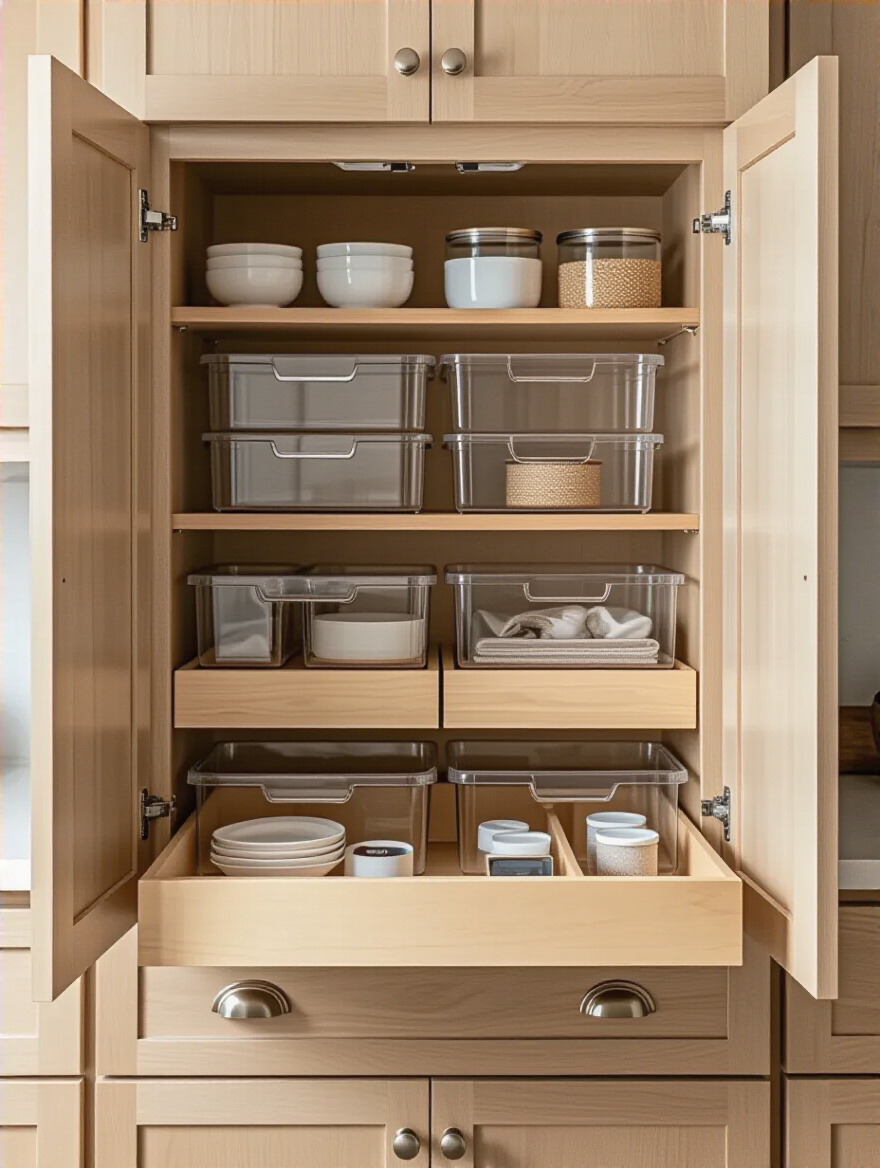 Portrait of a modern, organized kitchen cabinet with durable storage solutions