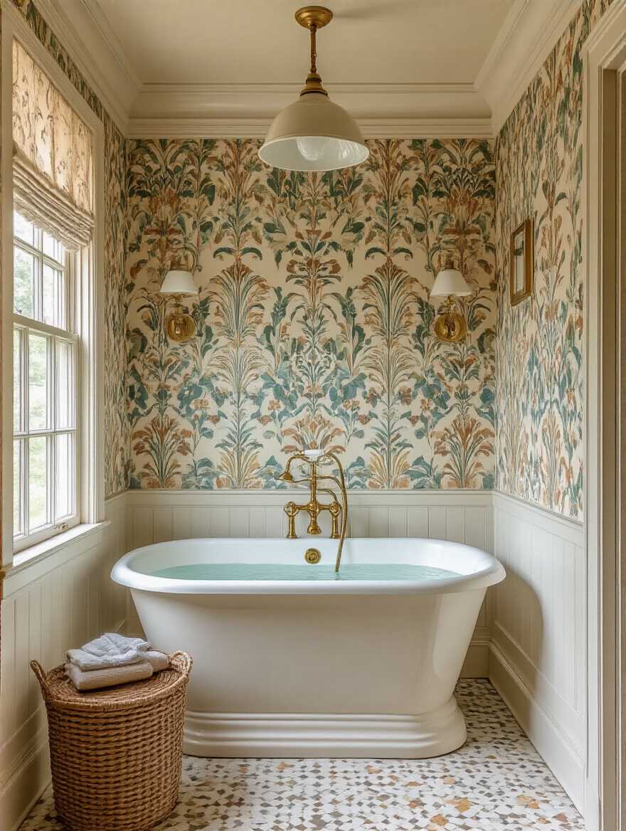 Portrait view of a vintage-inspired bathroom with era-specific wallpaper and brass fixtures