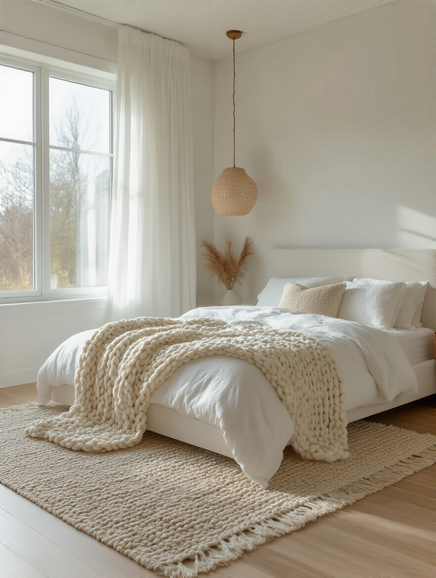 Portrait of a serene white bedroom blending modern and bohemian elements