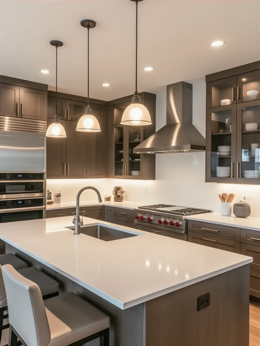 Modern kitchen with integrated layered lighting, featuring ambient ceiling lights, bright under-cabinet task lighting, pendant lights over an island, and accent lighting inside glass cabinets.