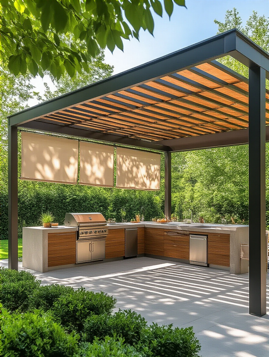 An elegant outdoor kitchen beneath a modern wooden pergola providing overhead protection from sun and rain.