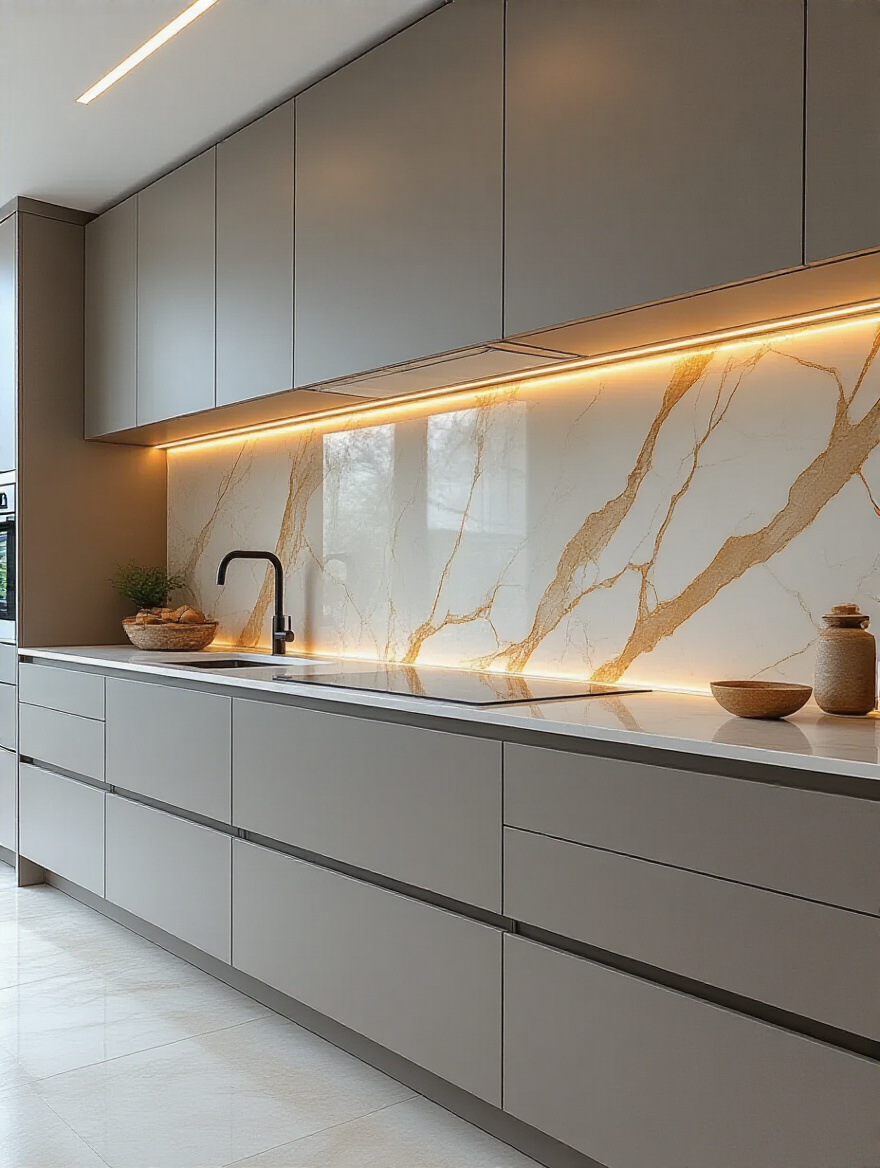 Modern kitchen featuring a luxurious, seamless Calacatta gold marble full-height backsplash extending from counter to ceiling, illuminated by integrated under-cabinet LED lighting, showcasing contemporary design elegance.