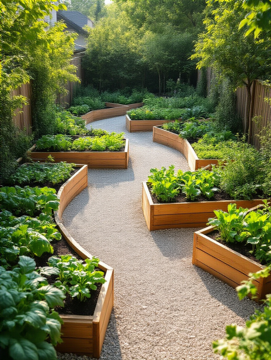 Overview of a functional garden layout with raised beds, wide pathways, and organized plant zones designed for optimal space and accessibility.