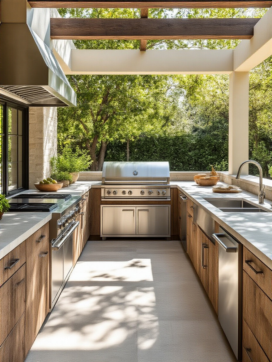 An L-shaped outdoor kitchen with a built-in grill, sink, and under-counter refrigerator, designed for efficient workflow and movement with clear pathways and ample counter space, featuring natural stone and wood materials under bright sunlight.