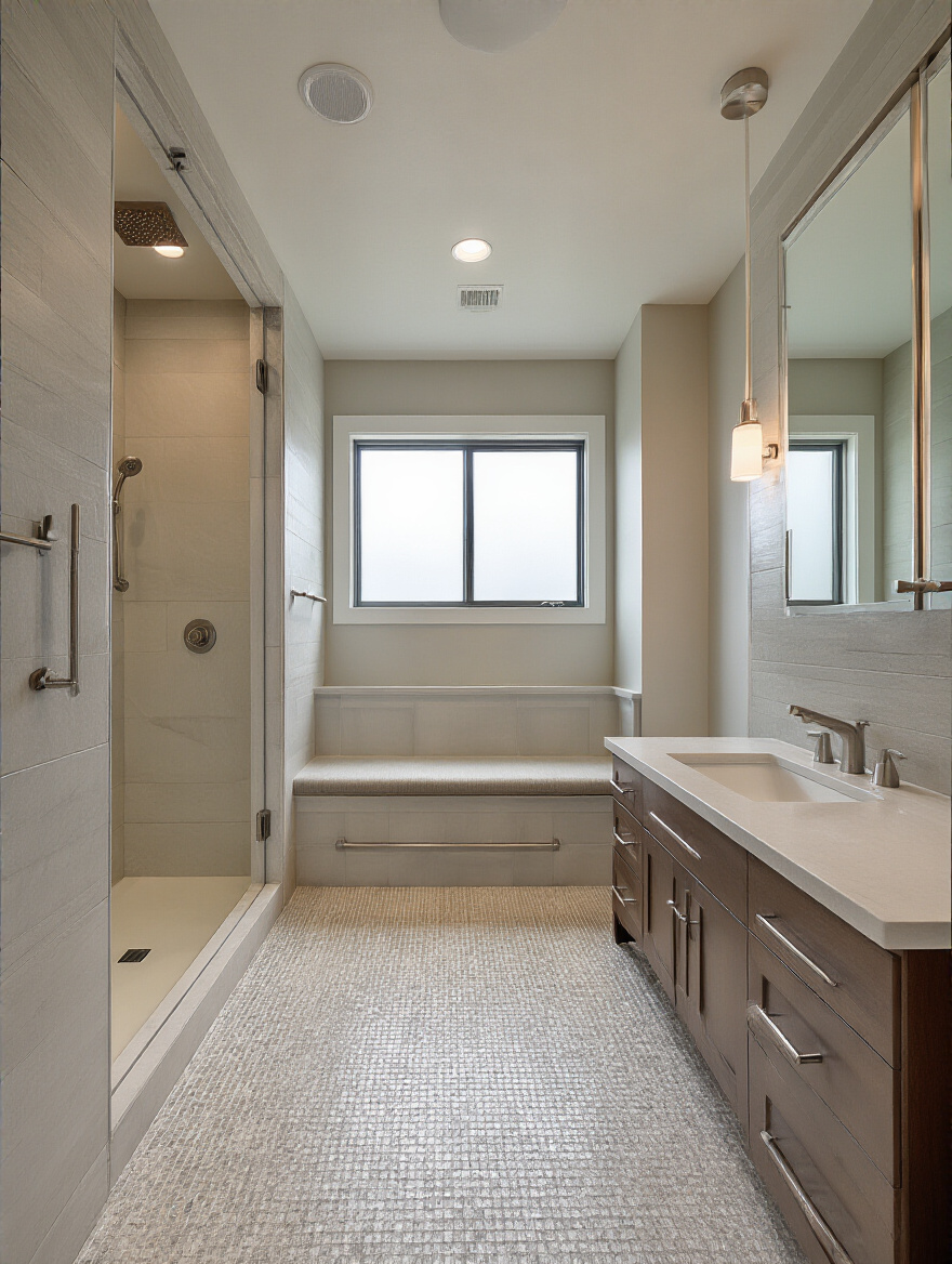 Vertical portrait view of a luxury universal design bathroom with curbless shower and accessible fixtures