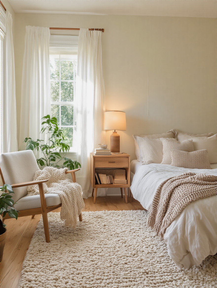 Cozy tech-free bedroom with warm lighting and soft textures, no electronics