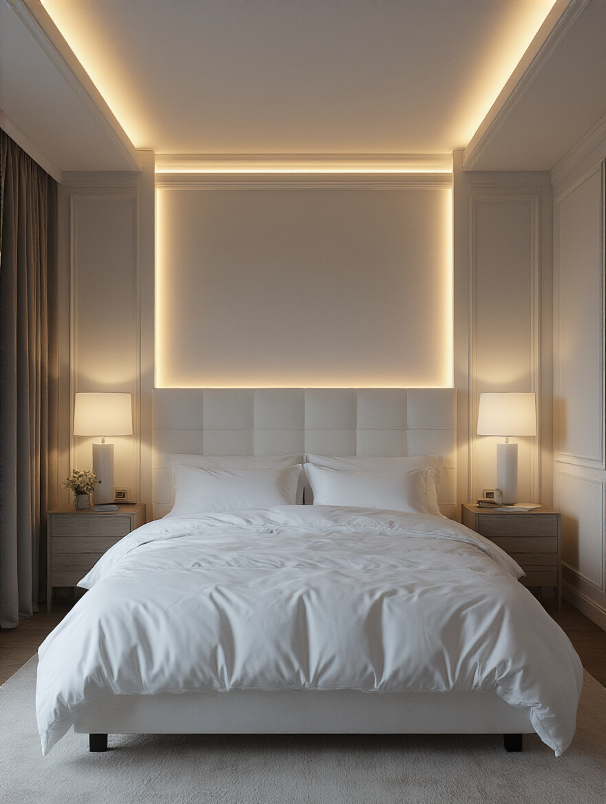 Serene white bedroom with layered lighting