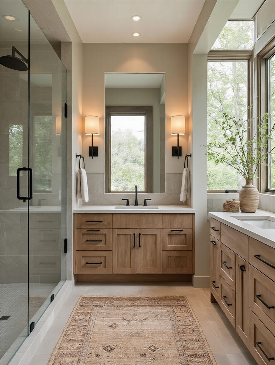 Portrait of a modern bathroom showing a cohesive design style with unified materials and finishes.