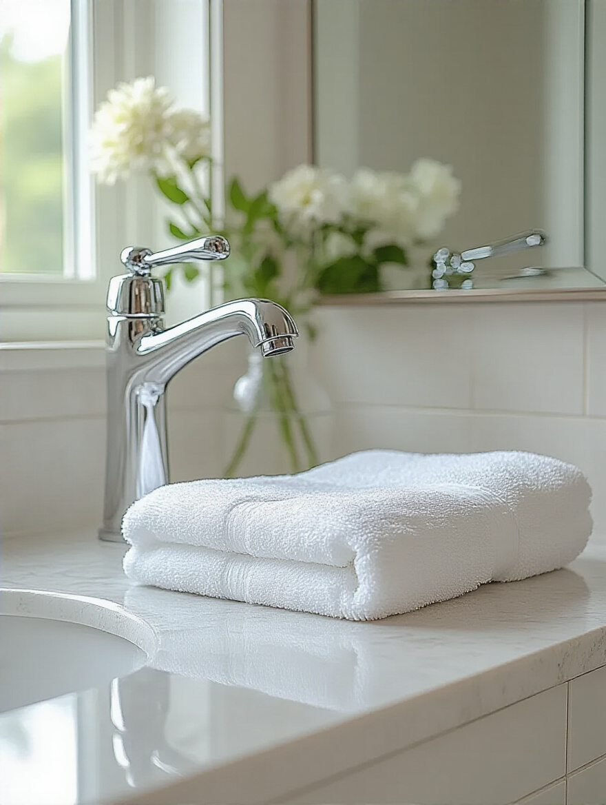 Spotless modern bathroom sink area with a gleaming faucet, clean mirror, and fresh towel, symbolizing an effective bathroom maintenance routine.
