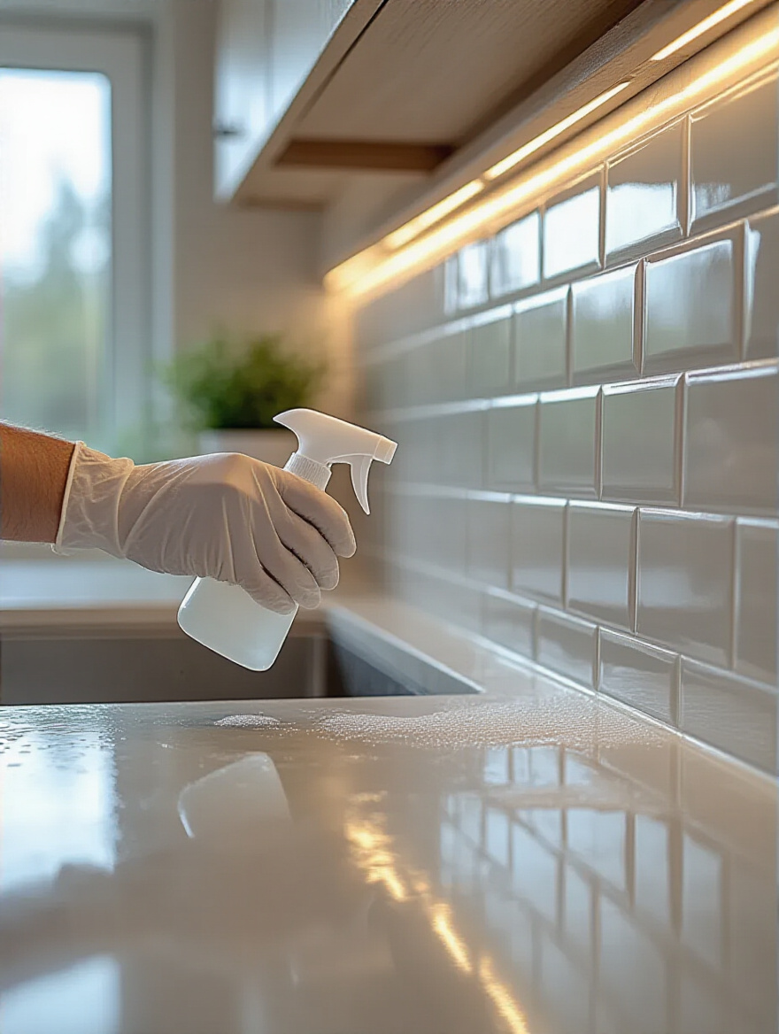 Close-up of a gloved hand using a microfiber cloth and spray cleaner to wipe a contemporary kitchen backsplash, showcasing a sparkling, pristine surface.
