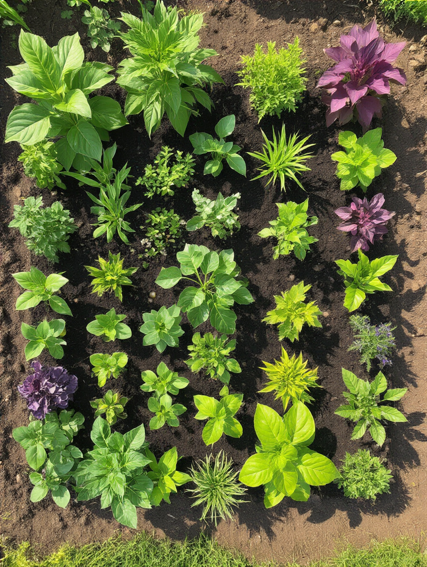 A vibrant backyard garden bed meticulously organized for crop rotation, featuring diverse healthy plants and rich, dark soil, illustrating natural pest deterrence.