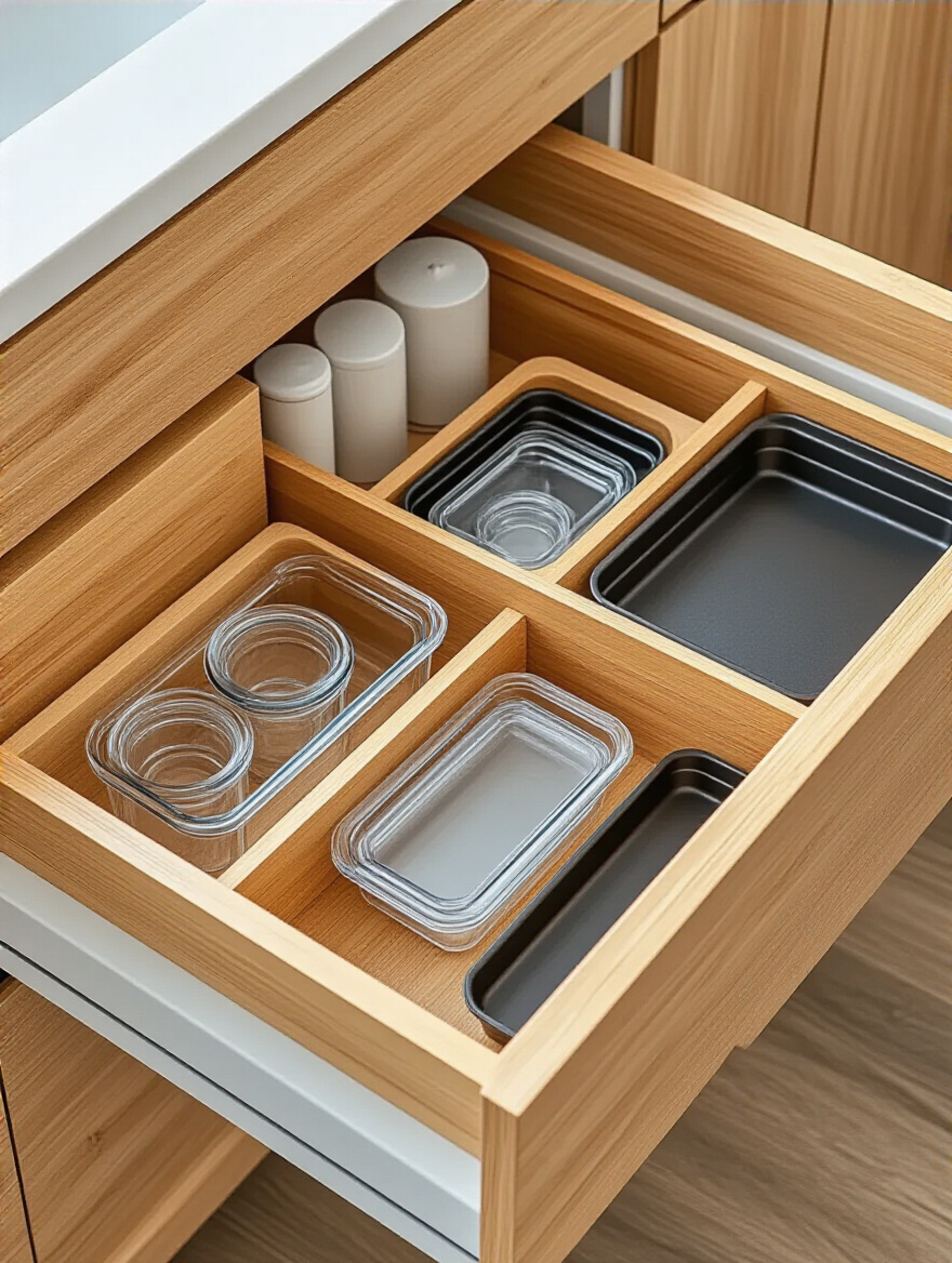 An open, deep kitchen drawer featuring adjustable bamboo inserts creating organized custom compartments for nested glass food containers, their vertically filed lids, and baking sheets.