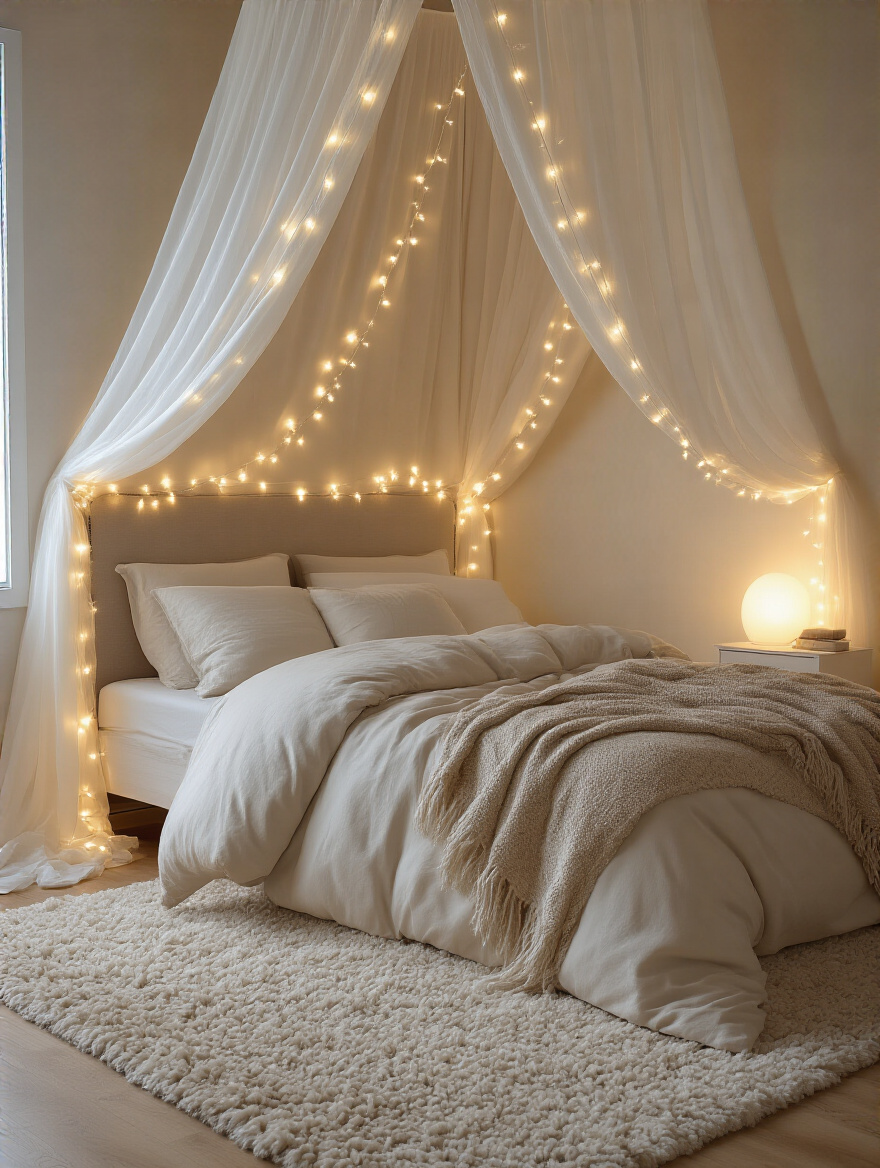 Portrait view of a cozy bedroom with string lights draped around a headboard canopy, warm glow.