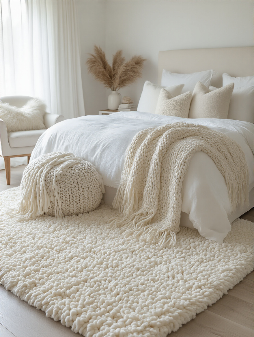 A luxurious white bedroom featuring layered soft textiles like an off-white area rug, textured throws, decorative pillows, and floor-length curtains, creating a cozy and deep ambiance.