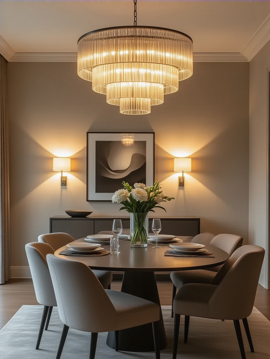A modern dining room showcasing elegant layered lighting, including a chandelier, wall sconces, and accent lights, creating a warm and sophisticated ambiance for dining.