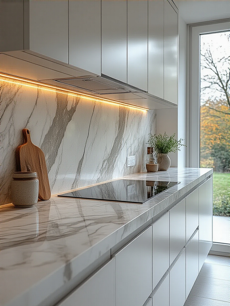 Contemporary kitchen featuring a luxurious, full-height Calacatta marble slab backsplash with elegant grey veining. Polished natural stone illuminated by under-cabinet LED lighting, paired with sleek white cabinetry.