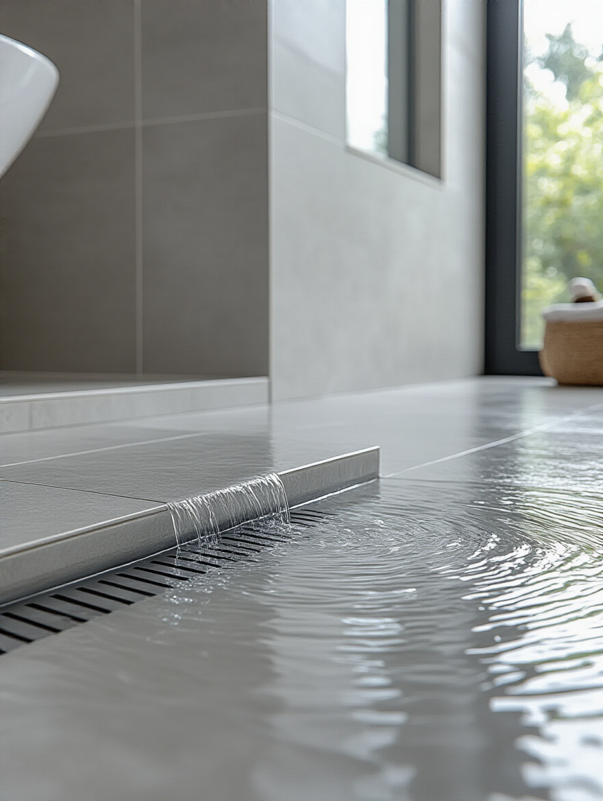 A close-up shot of elegant grey porcelain tiles on a bathroom floor, subtly wet with water droplets, emphasizing the tile's waterproof qualities and modern aesthetic.