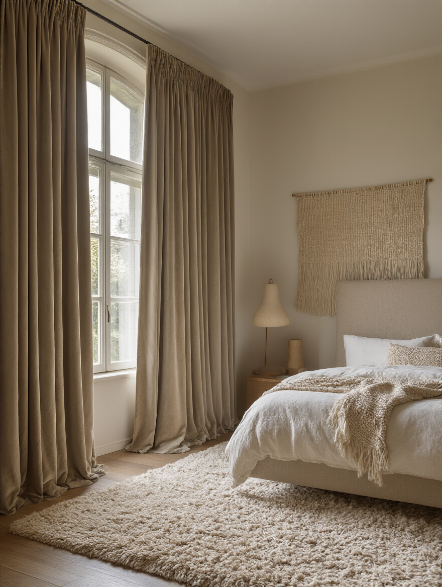 Cozy bedroom corner with velvet curtains, plush rug, and upholstered headboard showcasing acoustic textiles
