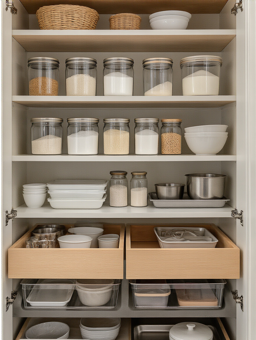 A perfectly organized kitchen cabinet interior, featuring a dedicated baking zone with baking ingredients, mixing bowls, and measuring cups neatly arranged in clear containers for easy access.