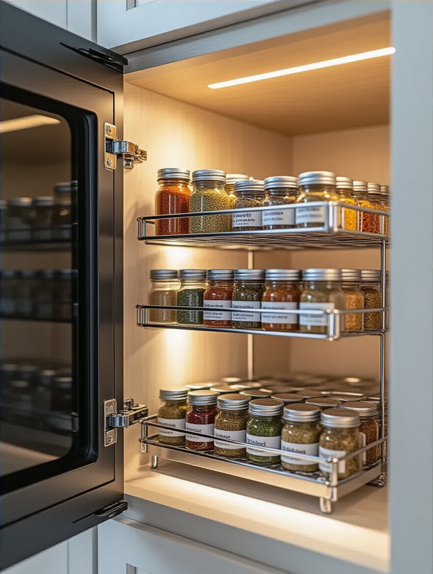 A fully organized kitchen cabinet door with a clear acrylic, tiered spice rack installed on its interior, neatly displaying an array of labeled spice jars in a tidy row. The cabinet is clean, showing efficient use of space.