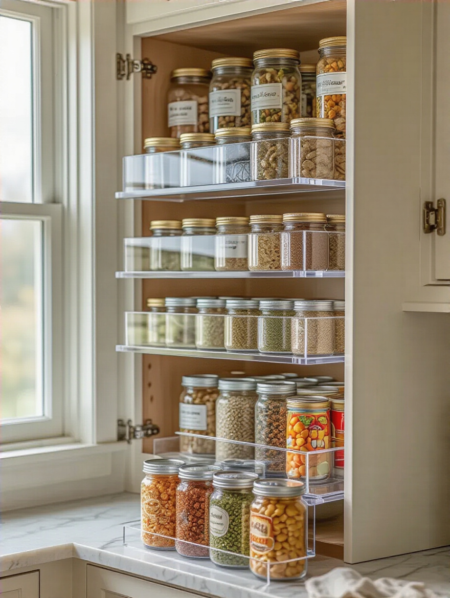 Portrait view of tiered risers organizing spices and canned goods in a cabinet