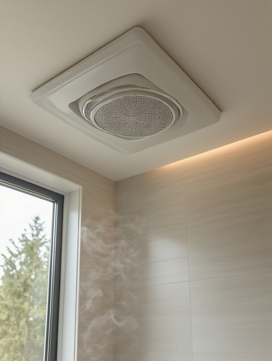 A sleek, modern bathroom exhaust fan seamlessly integrated into a white ceiling above a clean shower, representing effective bathroom ventilation and enhanced air quality.