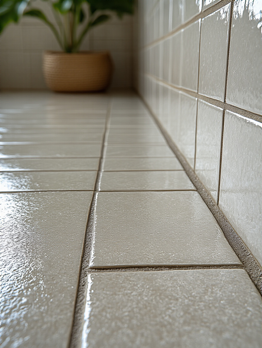 Close-up of clean, light grey grout lines between white rectangular bathroom tiles, emphasizing watertight seal.