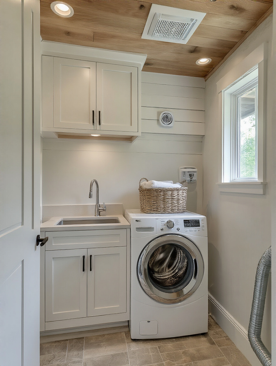 Portrait view of a modern mudroom laundry showing a ceiling exhaust fan, humidity sensor, and clean cabinetry with no people or text.