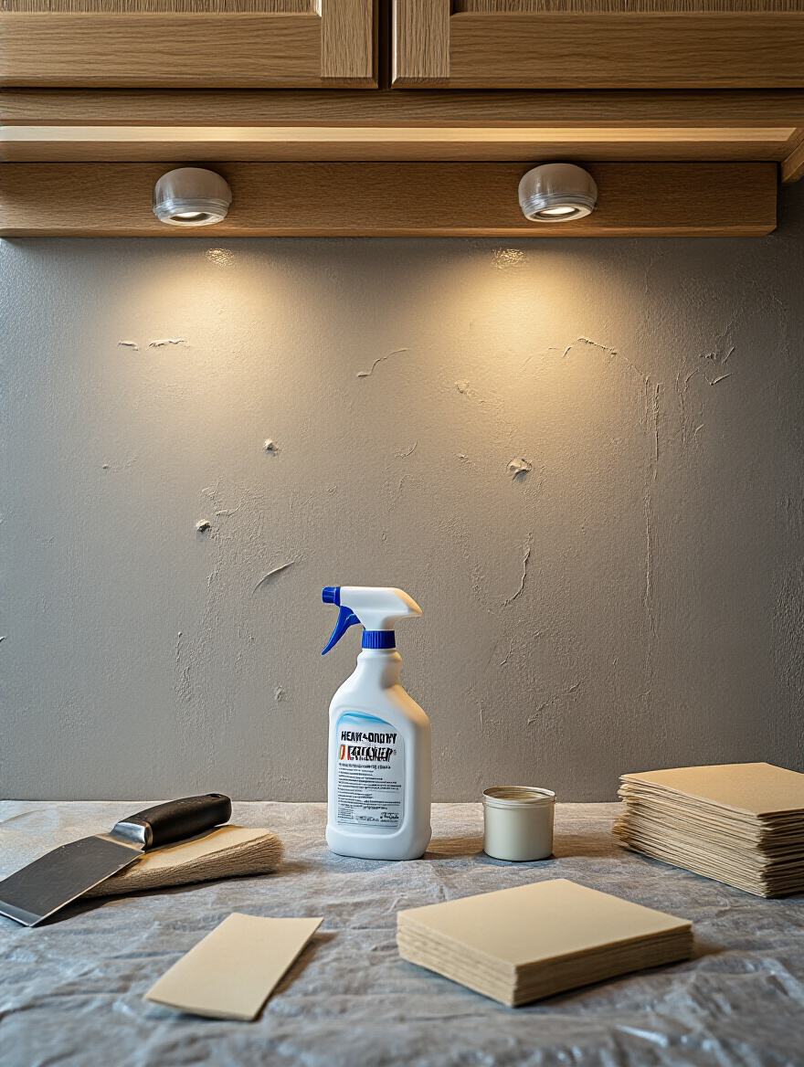 A clean, prepared kitchen wall ready for a contemporary backsplash, featuring cleaning and patching tools, highlighting crucial backsplash wall prep.