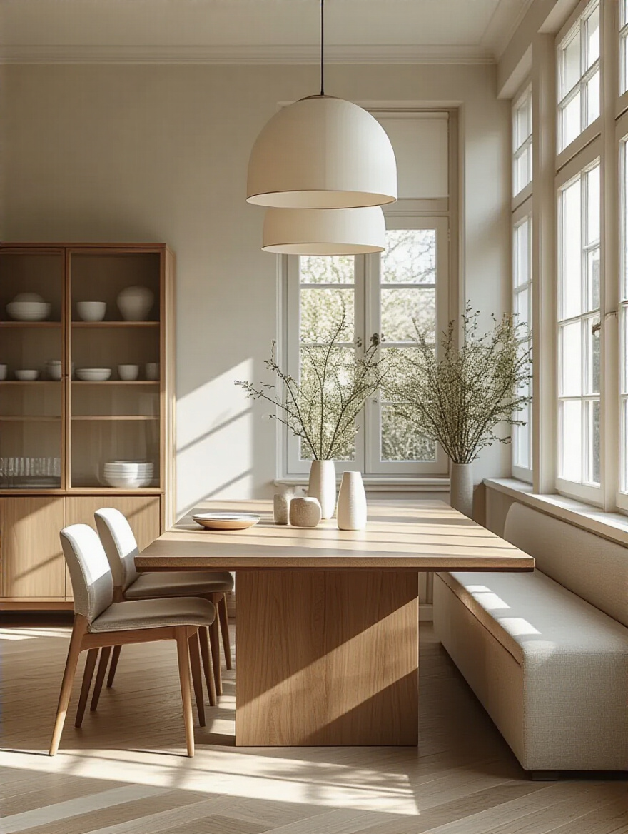 Modern dining room with extendable table and multi-functional credenza, demonstrating versatile design for diverse entertaining needs. Bright and inviting.