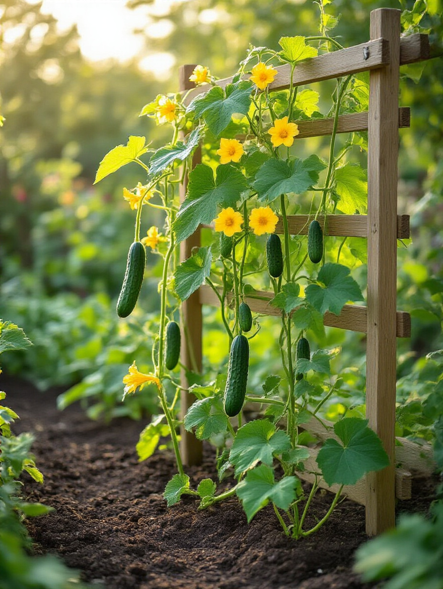 A vibrant garden scene featuring a tall, sturdy wooden trellis supporting flourishing cucumber vines, with visible flowers and hanging cucumbers, in morning light.