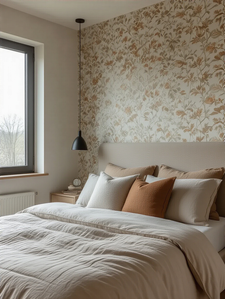 Portrait of bedroom wallpaper accent wall showing starting point alignment