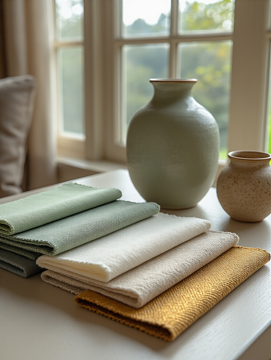 Close-up of color swatches and fabric samples arranged on a table, illustrating a harmonious living room color palette for a tranquil mood.