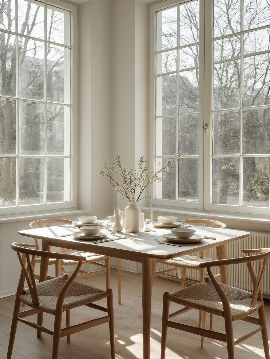 An elegant, minimalist modern dining room bathed in natural light, showcasing careful design and planning for a budget and timeline managed renovation.
