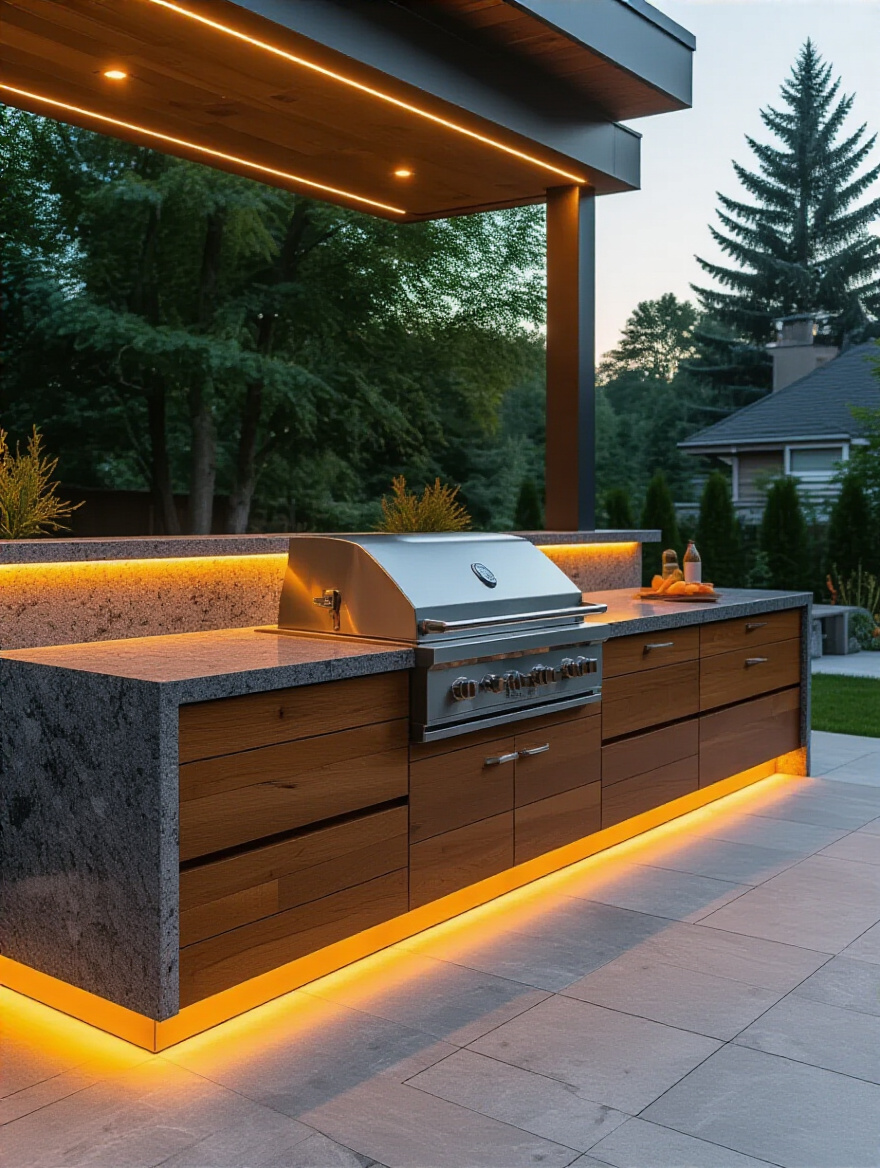 Serene, beautifully designed outdoor kitchen with built-in grill, granite countertop, and integrated cabinetry under warm LED lighting, symbolizing a well-planned, realistic outdoor kitchen budget.